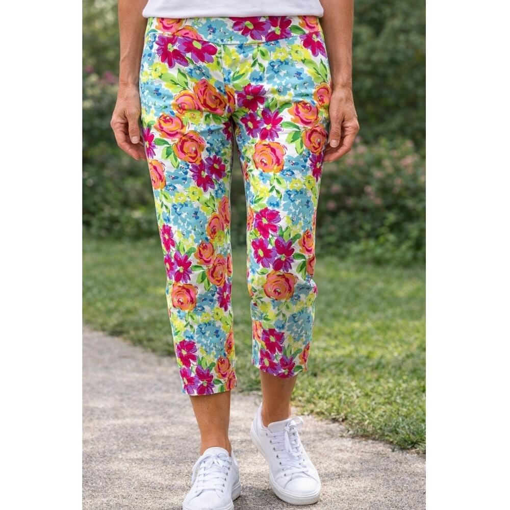 Peck & Peck Floral-Printed Casual Pull-On Ankle Cropped Pants Women's Size 14
